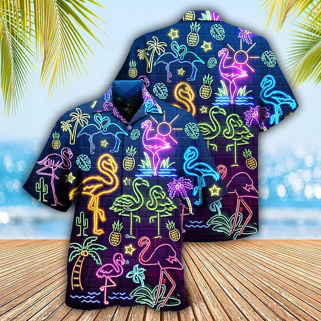 Men's Flamingo Lights Shirt Summer Hawaiian Shirt Aloha Shirt Short Sleeve Shirt Turndown Tropical Fashion Streetwear Casual Hawaiian Holiday Black Yellow Light Green S M L 17