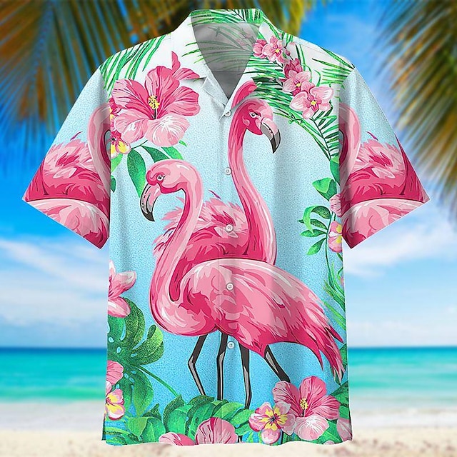  Férfi Ing Hawaii ing Flamingó Grafikai nyomatok Térfogatcsökkenés Fehér Világoszöld Arcpír rózsaszín Medence Lóhere Hétköznapi Hawaii Rövid ujjú Nyomtatott Gomb lefelé Ruházat Tropikus Divat Hawaii