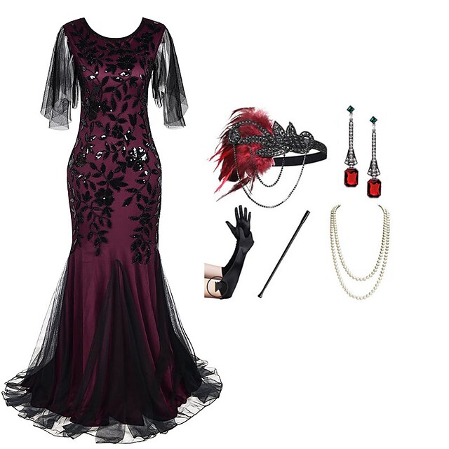 Retro Vintage Roaring 20s 1920s Flapper Dress Dress Outfits The Great Gatsby Wedding Guest Sequins Fancy Dress Women's Party Evening Wear Wedding Reception Bachelorette Party Adults' Dress Gloves3