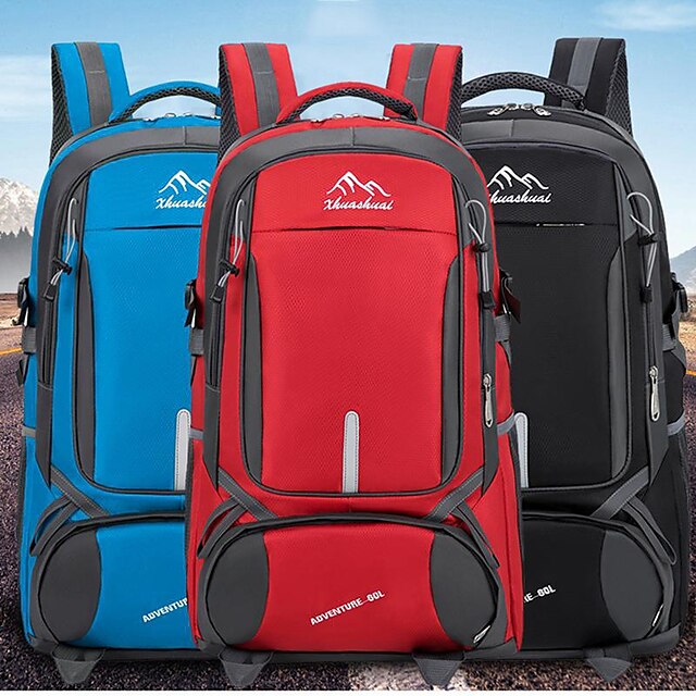  60-85 L Hiking Backpack Rucksack Rain Waterproof Breathable Lightweight Sweat-Wicking Durable Outdoor Hunting Fishing Hiking Climbing Oxford Cloth Lake blue Black Red