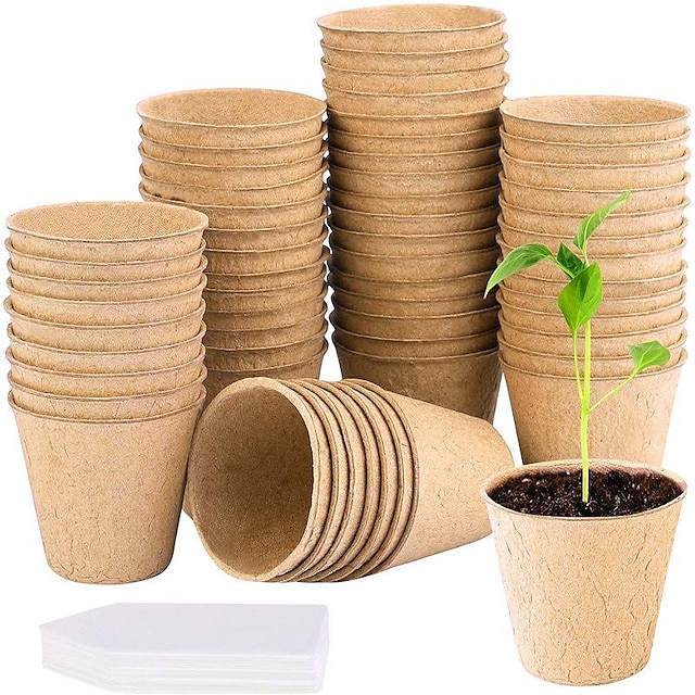  50pcs pots ronds en fibre avec 20 étiquettes pots de semis biodégradables pour semis de légumes à racines tendres