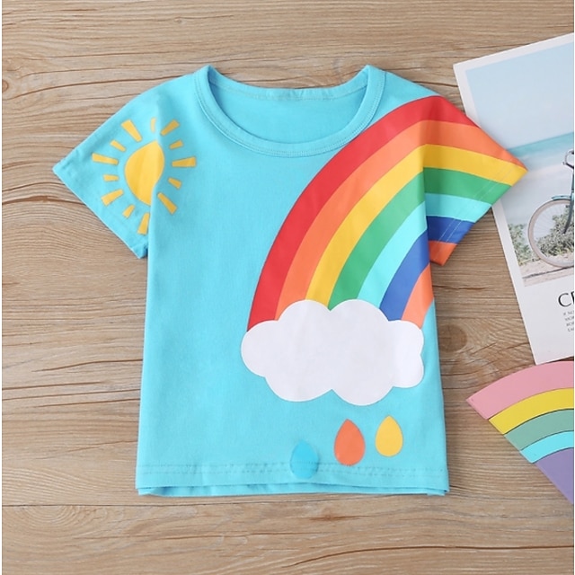  Kids Boys T shirt Tee Rainbow Short Sleeve Children Top Casual Fashion Summer Blue 3-6 Y
