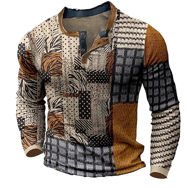 Patchwork Mens 3D Shirt Casual | Brown Winter | Men'S Waffle Henley Tee ...