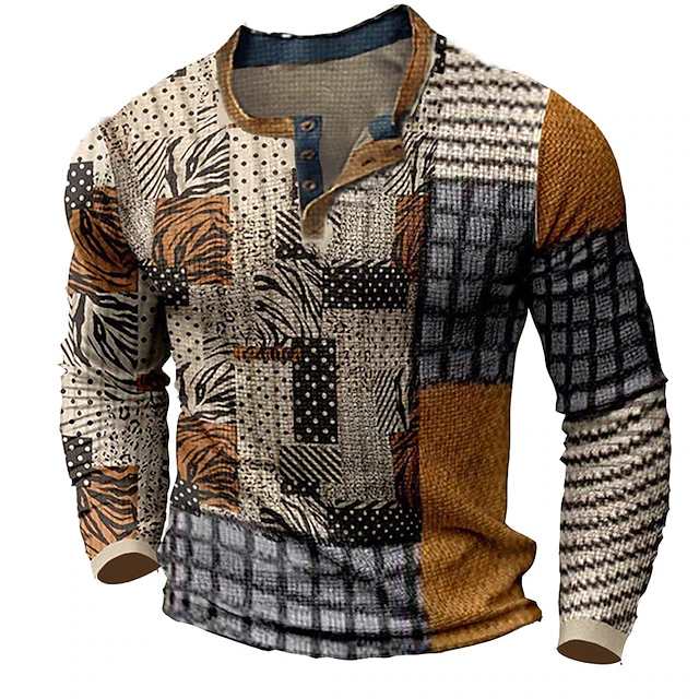 Men's Graphic Color Block Waffle Henley Shirt Tee Long Sleeve 3D Print Fashion Designer Comfortable Outdoor Casual Daily Spring & Fall Brown Henley Henley T-Shirt2