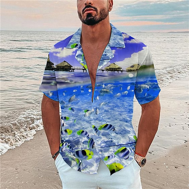  Herr Grafisk Landskap Havsbildsmönster Skjorta Sommarskjorta Hawaii skjorta Kortärmad Skjorta Nedvikt Mode Hawaiisk Designer Utomhus Gata Ledigt Svart Gul Marinblå Tryck S M L
