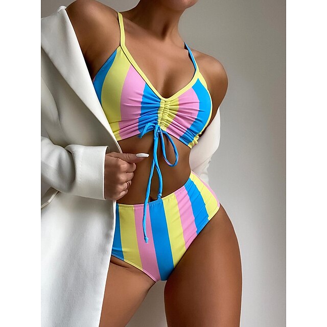  Women's Swimwear Bikini Normal Swimsuit Striped 2 Piece Printing Rainbow Bathing Suits Beach Wear Summer Sports