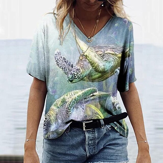  Women's Loose Round Neck Turtle Print Short Sleeve T-Shirt