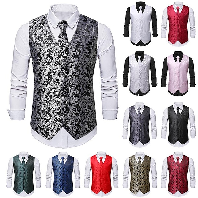  Men's Vest Tie Set Paisley Floral Jacquard Necktie Pocket Square 3PCS Waistcoat Retro Vintage Rococo for Suit or Tuxedo Wedding Party Masquerade