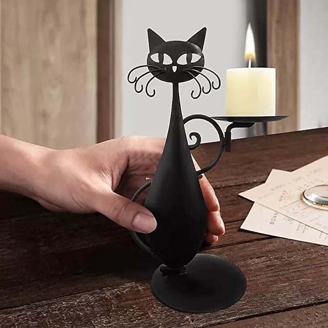 Black Cat Candle Holder for Pillar Candle Led Flameless Candles, Retro