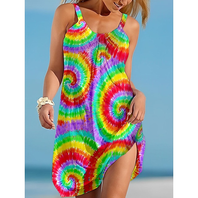  Women's Beach Dress Resort Wear Beach Wear Print Mini Dress Rainbow Tropical Fashion Sleeveless Spaghetti Strap Outdoor Daily Loose Fit Azure Black and Yellow 2023 Summer Spring S M L XL