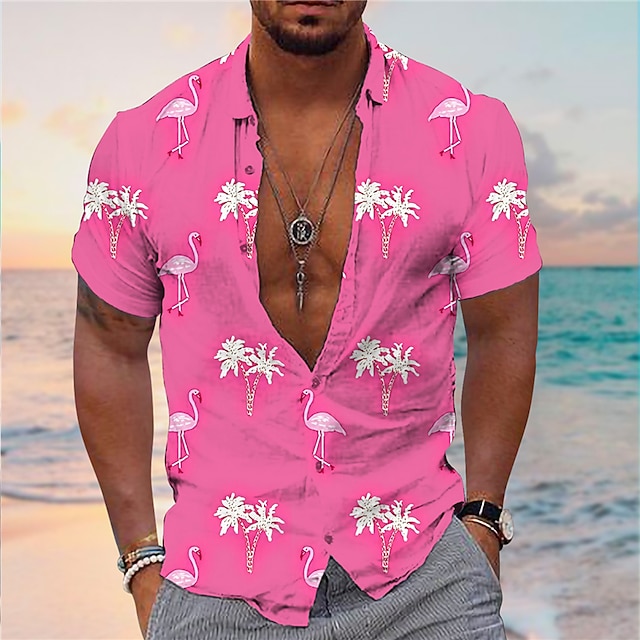  Voor heren Overhemd Hawaiiaans overhemd Flamingo Kokosnootboom Grafische prints Strijkijzer Geel Blozend Roze Marineblauw blauw Groen Dagelijks Hawaii Korte Mouw Afdrukken Button-omlaag Kleding