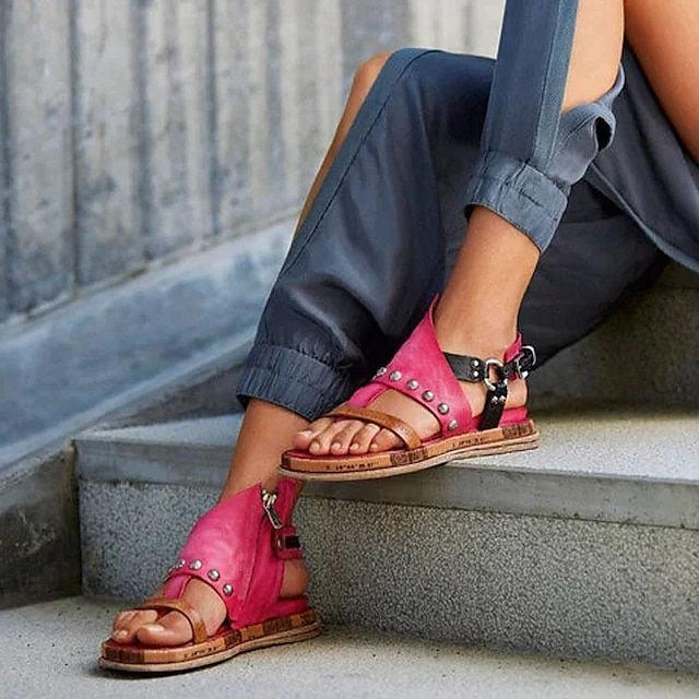 Dame Sandaler Pink Flade sandaler Plus størrelse udendørs Daglig Farveblok Sommer Flade hæle Åben Tå Afslappet Minimalisme Syntetisk læder Spænde Sort Gul Rød