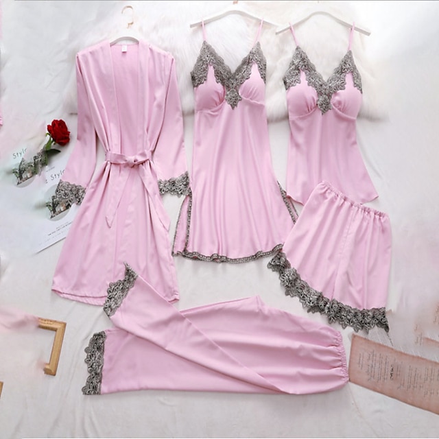  Damen-Dessous-Pyjama-Sets 5-teiliges Satin-Oberteil mit floraler Spitze und Bademantel Nachthemd-Hose rosa schwarz Größe xxl