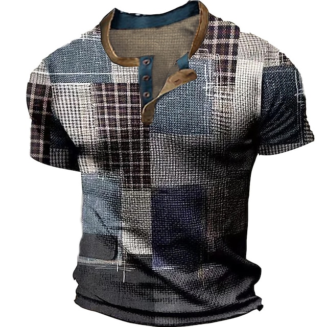 Men's Waffle Henley Shirt Tee Graphic Color Block Plaid Checkered ...