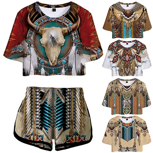  Womens Girls Casual 2 Piece American Indian Native American Short Sleeve Outfits Sets Summer Active Tracksuits Shorts Crop Top Set