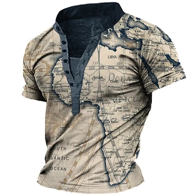 Men's Henley Shirt Tee Graphic Map Henley Clothing Apparel 3D Print ...