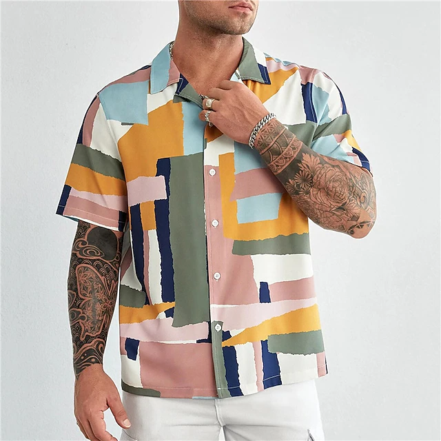 Men's Plus Size Summer Hawaiian Shirt Big and Tall Color Block Turndown Print Short Sleeve Spring & Summer Tropical Fashion Hawaiian Outdoor Street Tops3