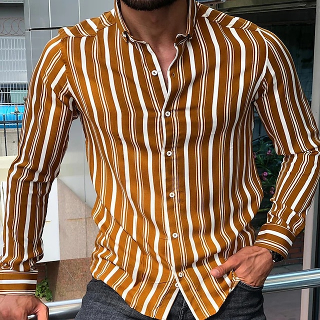  Men's Shirt Summer Shirt Casual Shirt Button Up Shirt Striped Shirts White Yellow Long Sleeve Striped Turndown Vacation Street Clothing Apparel Cotton Cotton Blend Fashion Leisure Comfortable
