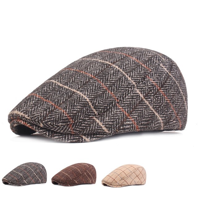 Men's Flat Cap Tweed Cap Brown Beige Cotton Streetwear Stylish 1920s Fashion Outdoor Daily Going out Stripe Warm 10