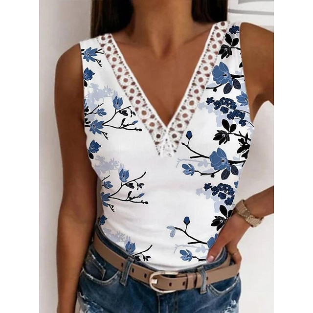  Women's Tank Top Black White Red Lace Trims Print Floral Casual Holiday Sleeveless V Neck Basic Regular Floral S