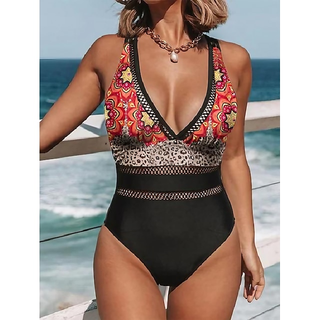  Women's Swimwear Normal One Piece Swimsuit Leopard Printing Black Bodysuit Bathing Suits Beach Wear Summer Sports