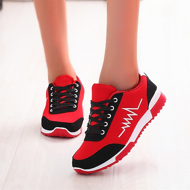  Mujer Zapatillas de deporte Regalos de San Valentín Zapatos de papá Exterior Tacón Plano Dedo redondo Pijo Zapatos para correr Cuero PU Malla Cordones Negro Rojo Gris