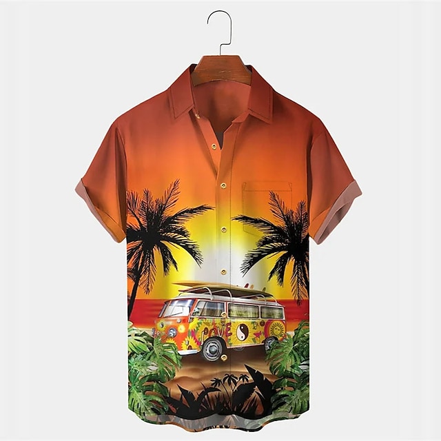  Муж. Рубашка Гавайская рубашка Автомобиль Кокосовая пальма Графические принты Отложной Черный Желтый Синий Лиловый Оранжевый на открытом воздухе Для улицы Короткие рукава С принтом Кнопка вниз Одежда