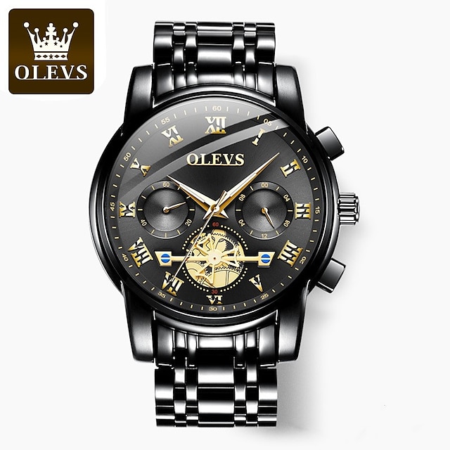  OLEVS Men’s Watch Analog Quartz Movement Business Stainless Steel Waterproof Luminous Chronograph Day Date Luxury Dress Business Big Face Rome Dial Male Wrist Watches
