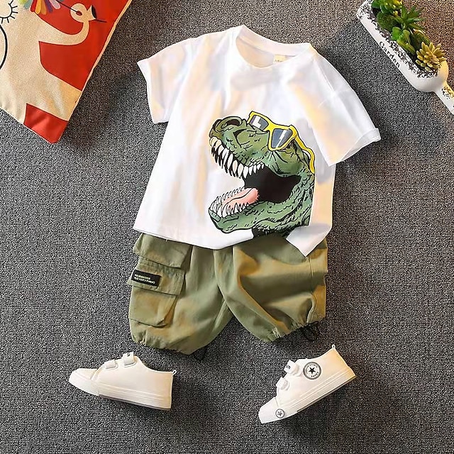  ２個 幼児 男の子 Tシャツ＆ショーツ 衣装 恐竜 半袖 コットン 設定 アウトドア ファッション 日常 夏 春 3～7歳 ホワイト イエロー