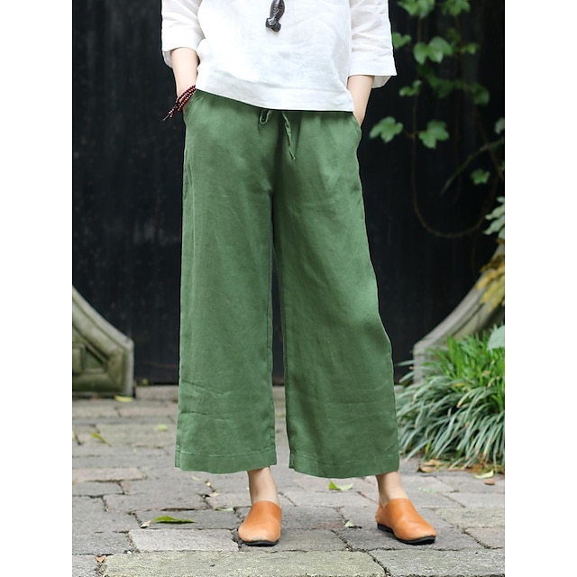  Women's Wide Leg Pants Trousers Cropped Pants Linen Navy White Green Fashion Side Pockets Wide Leg Casual Daily Ankle-Length Solid Color Comfort M L XL 2XL