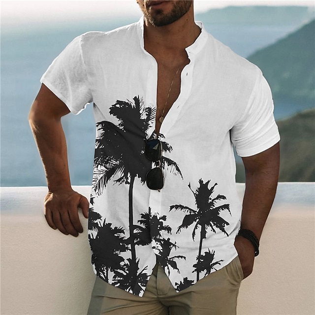  Férfi Gradiens Kókuszfa Trópusi növények Ing Hawaii ing Aloha ing Rövid ujjú Ing Állógallér Divat Dizájn Alkalmi Szabadtéri Vakáció Hétköznapi Fehér Sárga Arcpír rózsaszín S M L