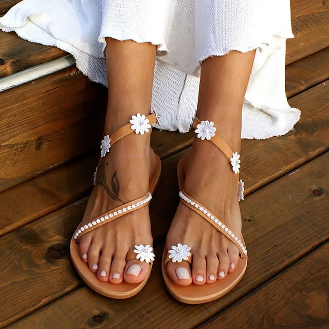  Sandálias femininas sapatos de casamento para noiva dama de honra mulheres peep toe branco pu com flor de renda salto plano festa de casamento diário clássico casual boho bohemia praia