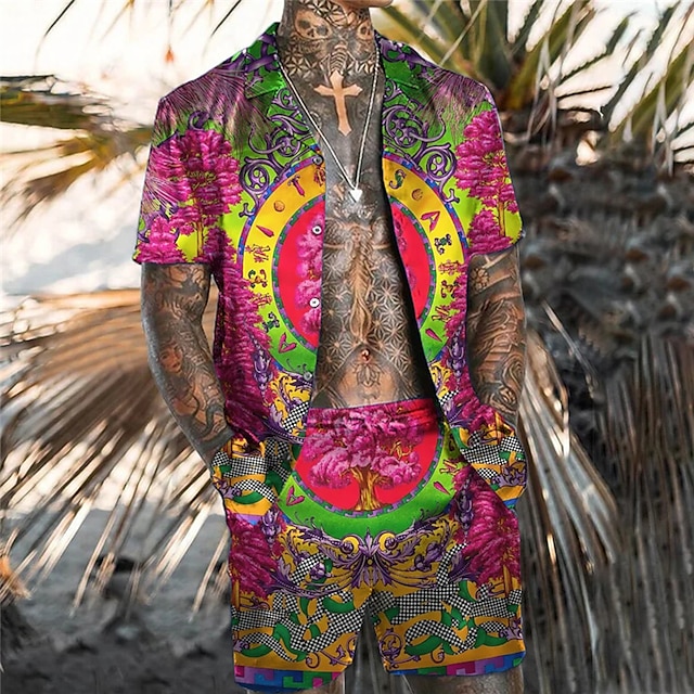  Bărbați Set cămașă Cămașă hawaiană Floral Tribal Imprimeu Grafic Guler cubanez Alb Galben Fucsia Portocaliu Cafea Stradă Casual Manșon scurt Imprimeu Îmbrăcăminte Tropical Modă Hawaiană Designer