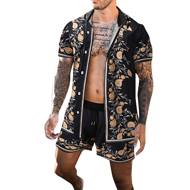 Men's Shirt Set Summer Hawaiian Shirt Aloha Shirt Floral Turndown Gold ...