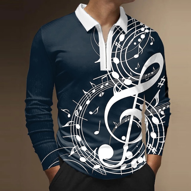  musikfestival Herr Musik Pikétröjor med dragkedja Golftröja Långärmad Polotröjor Skjortor med krage Ledigt Semesterkläder Festivalkläder Festkläder 3D-utskrift Quarter Zip Polo Svart Vit Vin