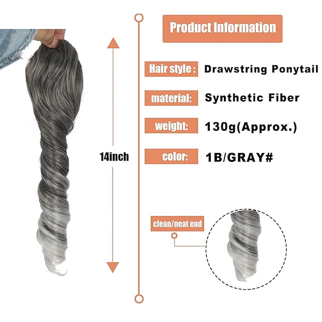 Silver Grey Ponytail Extension for Black Women Synthetic Salt & Pepper ...