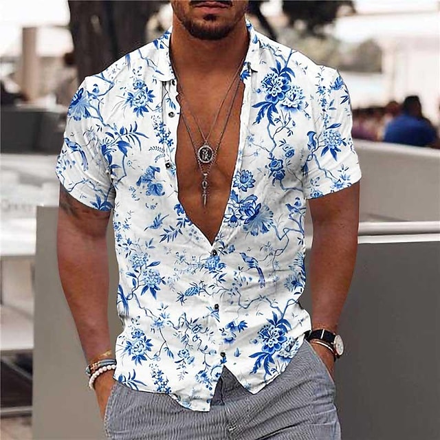 Herr Blommig Tropiska blommor Skjorta Hawaii skjorta Aloha skjorta Långärmad Skjorta Nedvikt Mode Streetwear Designer Utomhus Gata Ledigt Vit Blå Ljusblå S M L
