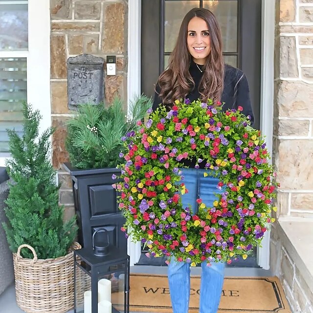 Artificial Flower Leaves Wreath, Green Leaves Wreath, Round Wreath For Front Door Hanging Wall Window Wedding Party Decor 1pc Large 45cm(17in) 10