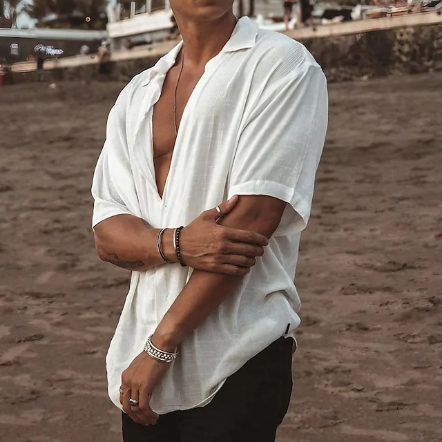  Voor heren Zomer overhemd Strand Kleding Overhemd met knopen Effen Vakantie Curise Wit Blauw Khaki Grijs Korte mouw Strijkijzer Zomer Kleding