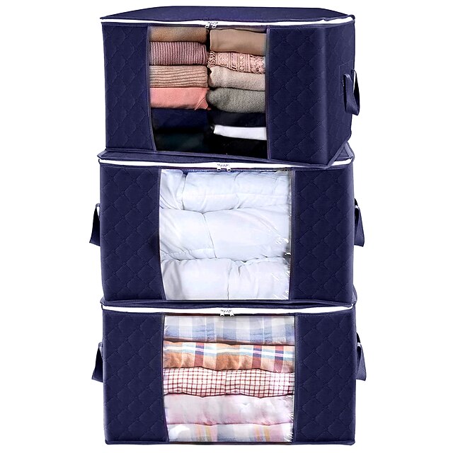 3 Pack, 90L Large Capacity Clothes Storage Bag Organizer with Reinforced Handle Thick Fabric for Comforters, Blankets, Bedding, Foldable with Sturdy Zipper, Clear Window2