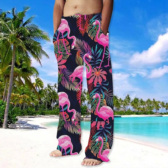  男性用 ズボン サマーパンツ ビーチパンツ ドローストリング 弾性ウエスト まっすぐな足 動物 フラミンゴ グラフィック 履き心地よい カジュアル 日常 祝日 ストリートファッション ハワイアン ピンク ルビーレッド
