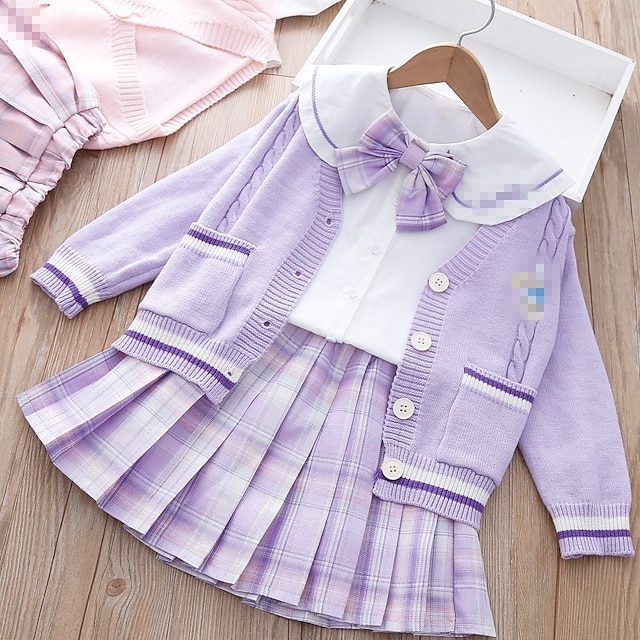  3 Pieces Kids Girls' Solid Color Skrit & Cardigan Set Long Sleeve Fashion Outdoor 7-13 Years Spring Pink Purple