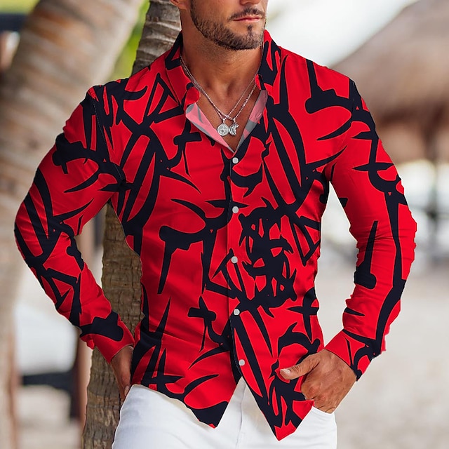  Men's Geometric Pattern Geometry Shirt Button Up Shirt Long Sleeve Tropical Fashion Designer Outdoor Casual Daily Fall & Winter Turndown Print Button-Down Yellow Red Blue Green