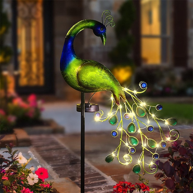  אורות טווס שמש אור קישוט חיצוני לגינה פטיו LED אור מתכת פסלי טווס פסל דשא נוף לחצר שביל גינה קישוט בית פיסול אומנות תאורה 1x