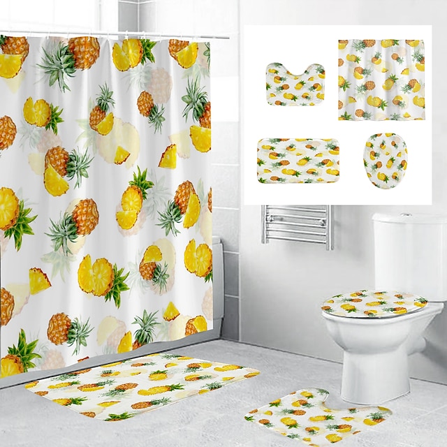  4Pcs Shower Curtain Set with Rug Toilet Lid Cover Sets with Non-Slip Rug Bath Mat for Bathroom,Tropical Plant Pattern,Waterproof Polyester Shower Curtain with 12 Hooks,Bathroom Decoration