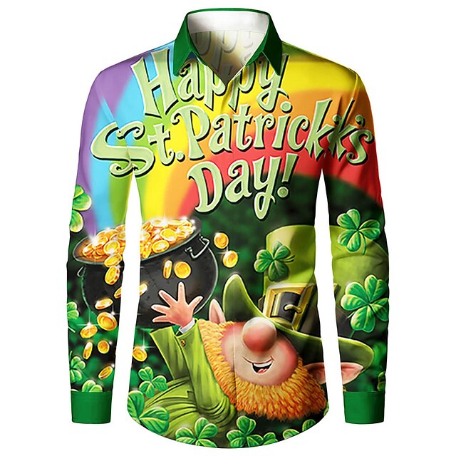 Men's Shirt Saint Patrick Day St. Patrick's Day Clover Turndown Green ...