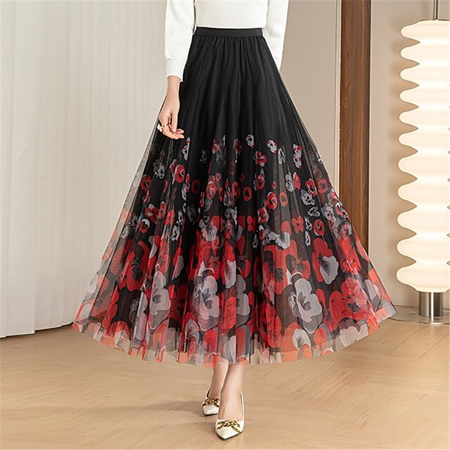  Women's Swing Midi Polyester Wine Black Skirts Spring & Summer Layered Print Lined Elegant Long Daily Date S M L