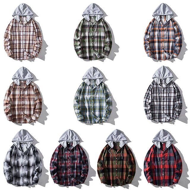 Men's Shirt Casual Shirt Button Up Shirt Hooded Shirt Black Light Brown Blue Dark Green Red Long Sleeve Plaid / Check Hooded Vacation Street Hooded Clothing Apparel Stylish Classic Casual 21