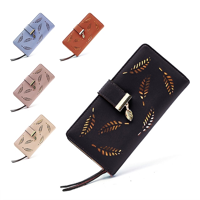  Women's Clutch Wallet Coin Purse Credit Card Holder Wallet PU Leather Shopping Daily Holiday Pendant Zipper Hollow-out Leaves Wine Pink Black