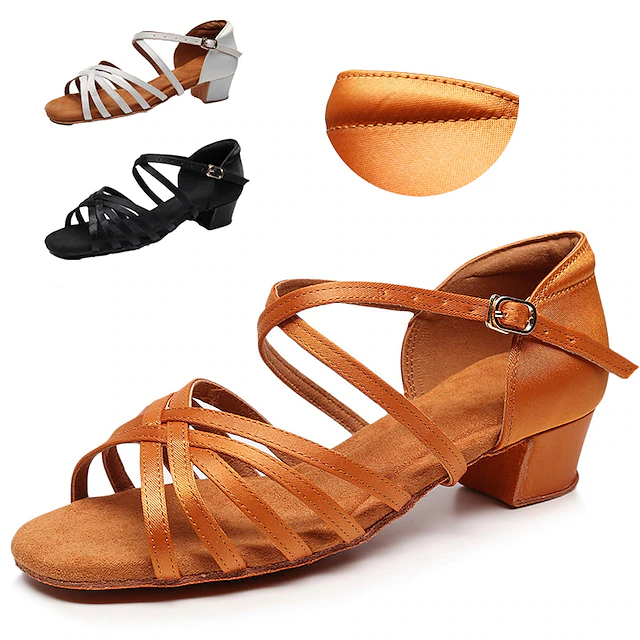 Women's Tan Strappy Low Heel Latin Dance Shoes with Soft Suede Sole – Breathable Satin Ballroom Sandals for Practice & Performance 17